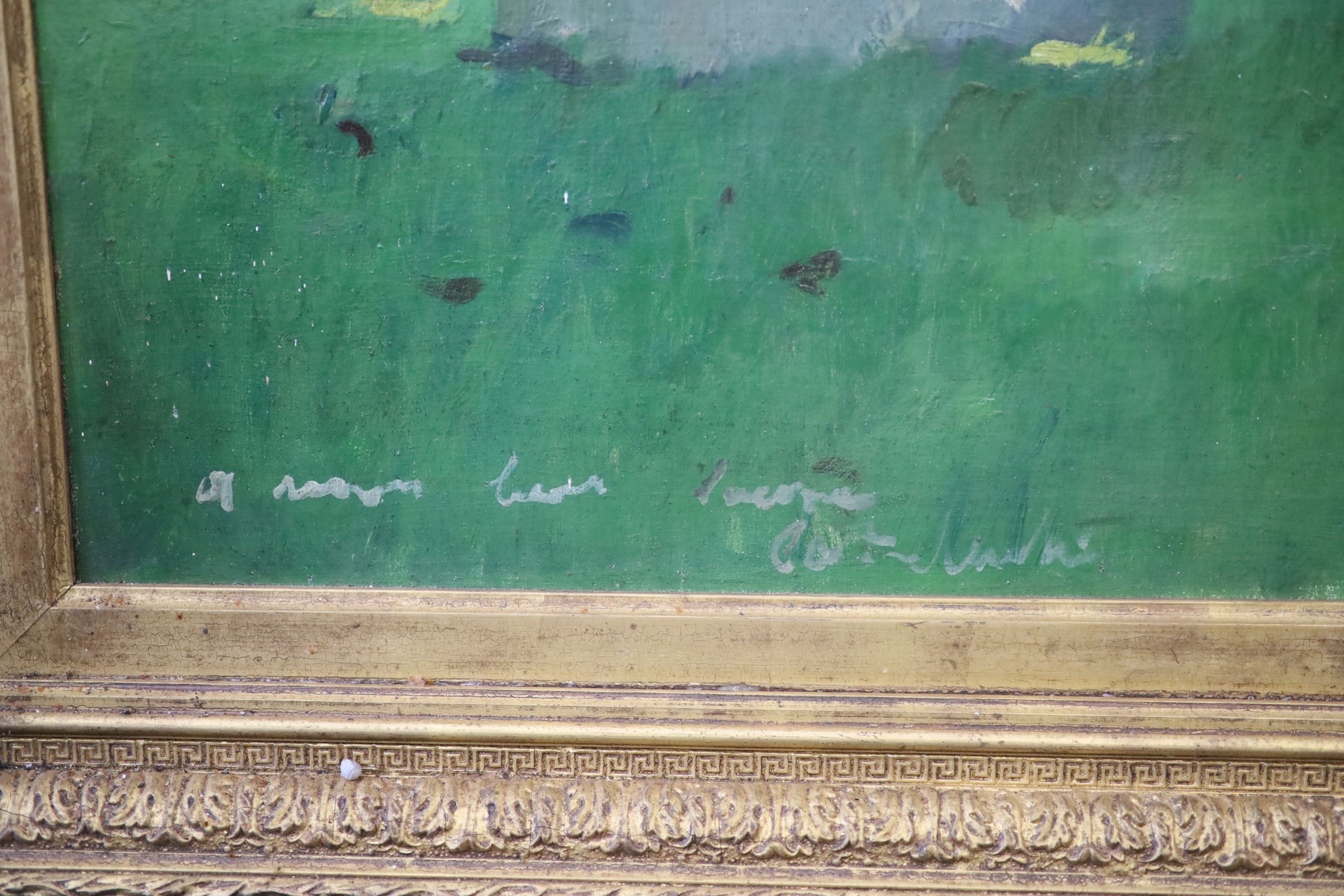 French School circa 1900, Rodin statue in a park, Oil on canvas, 55 x 79cm.